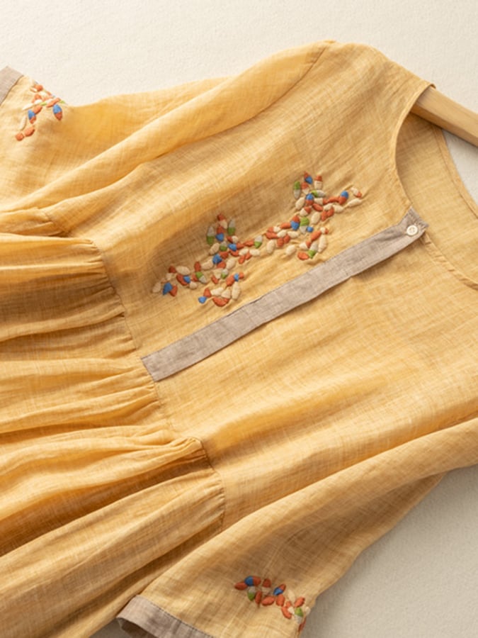 Vestido bordado algodão linho | corte largo | estilo boémio | diário