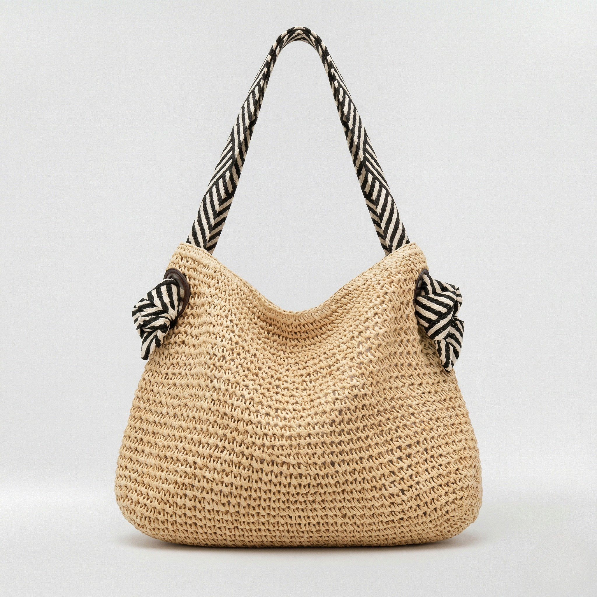 Bolso de Mano de Paja Entretejida con Asas de Hombro y Adornos de Nudos