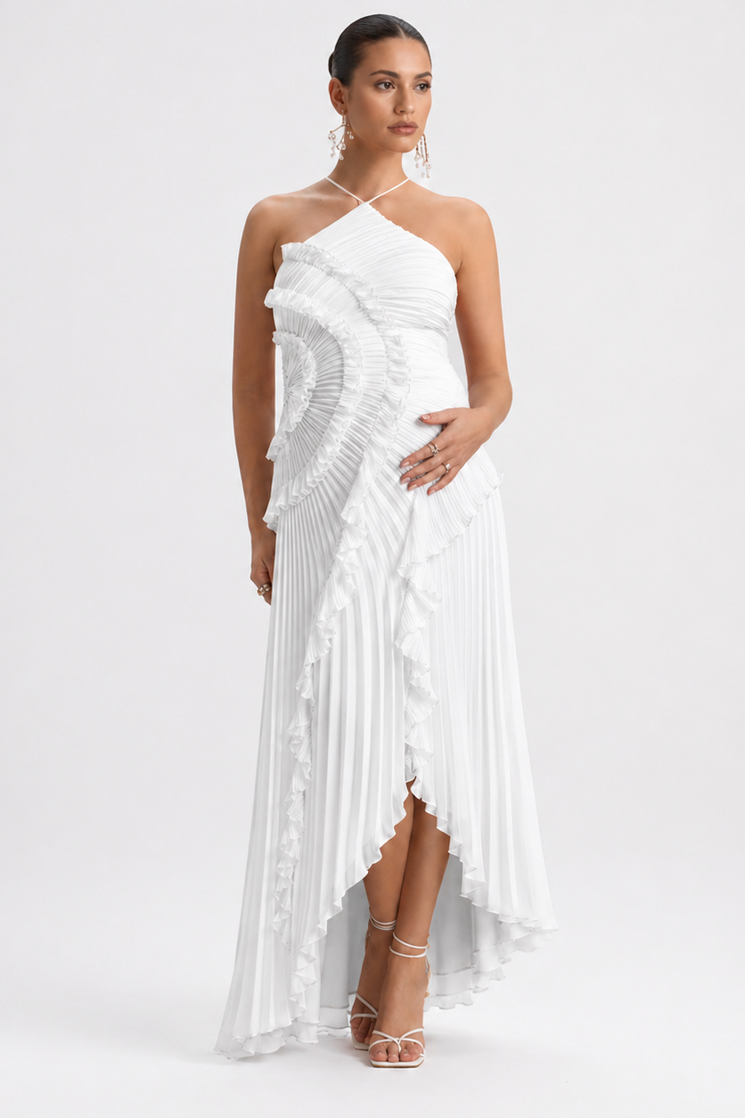 Vestido maternidad largo halter plisado con volantes