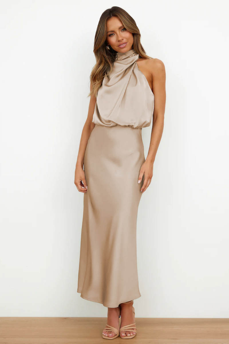 Vestido de Noche de Satén Largo sin Mangas con Cuello Alto para Mujer