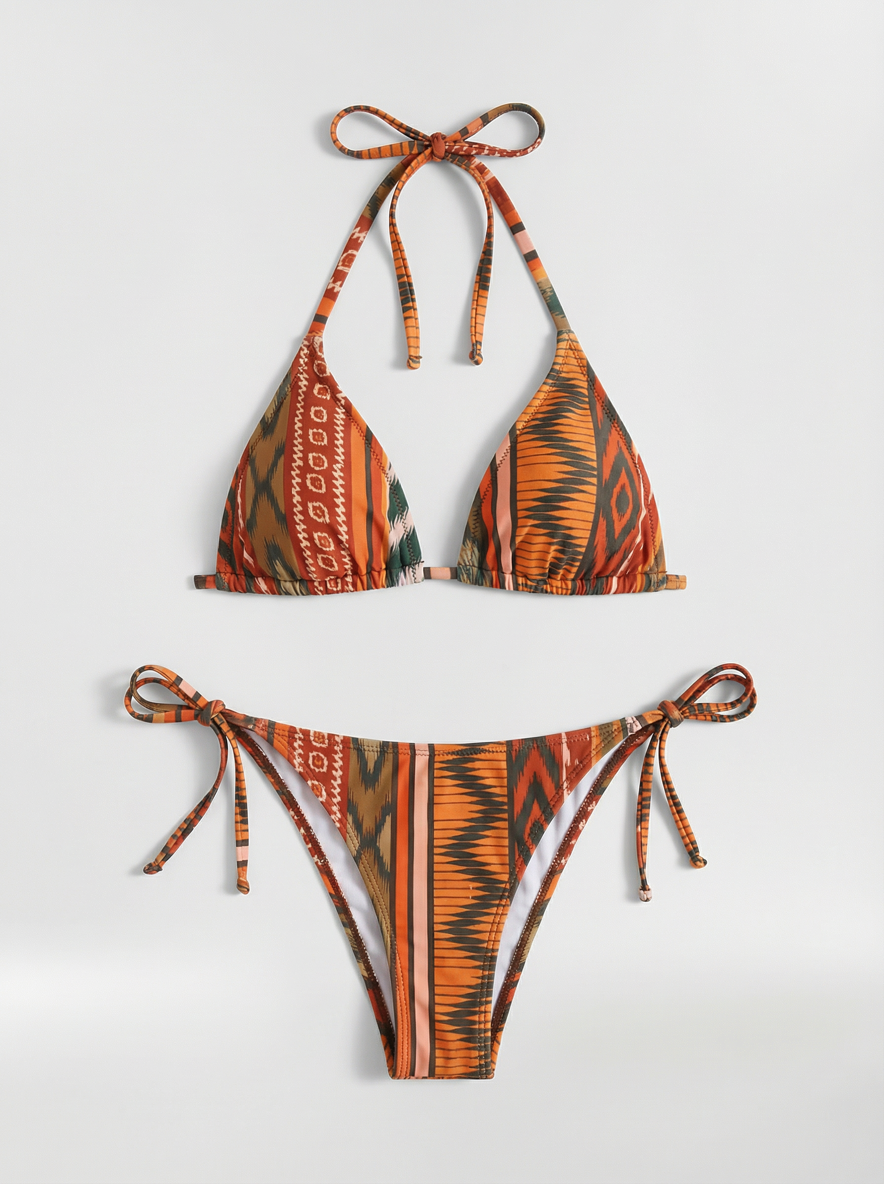 Bikini de Triángulo con Estampado Étnico y Cierre de Lazos para Mujer