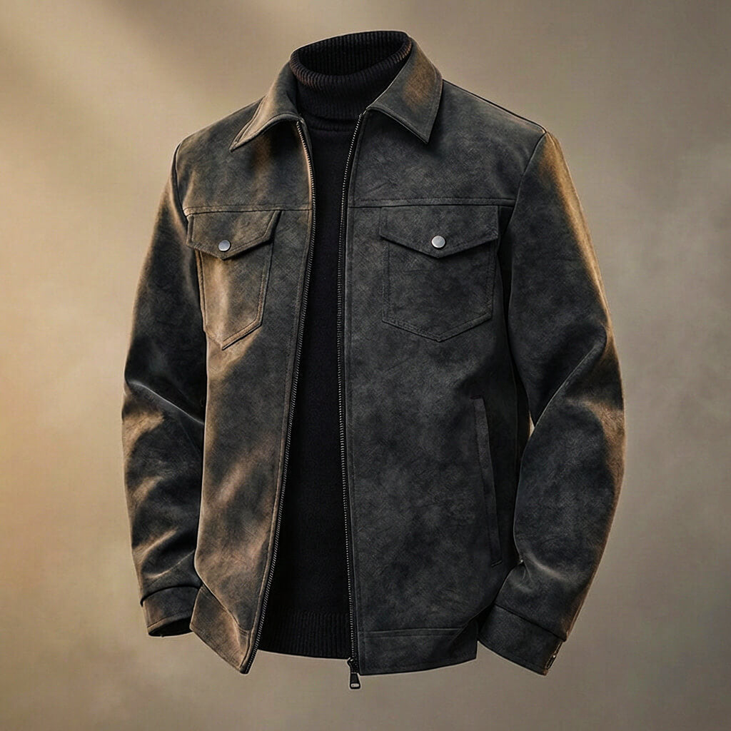 Giacca in pelle da uomo con silhouette retrò e design con varie tasche