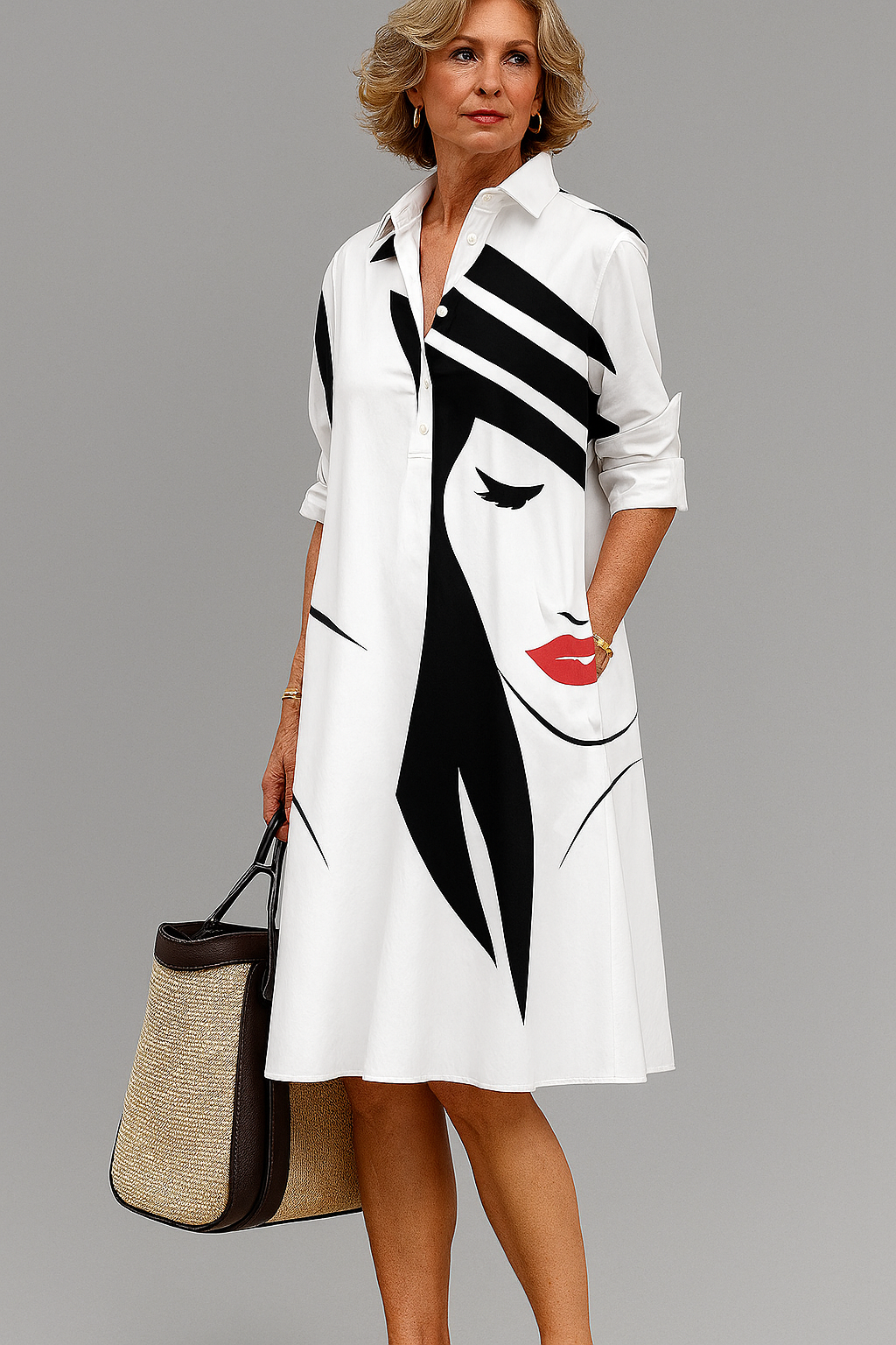 Vestido Camisero Largo con Estampado Artístico y Cuello de Solapa para Mujer