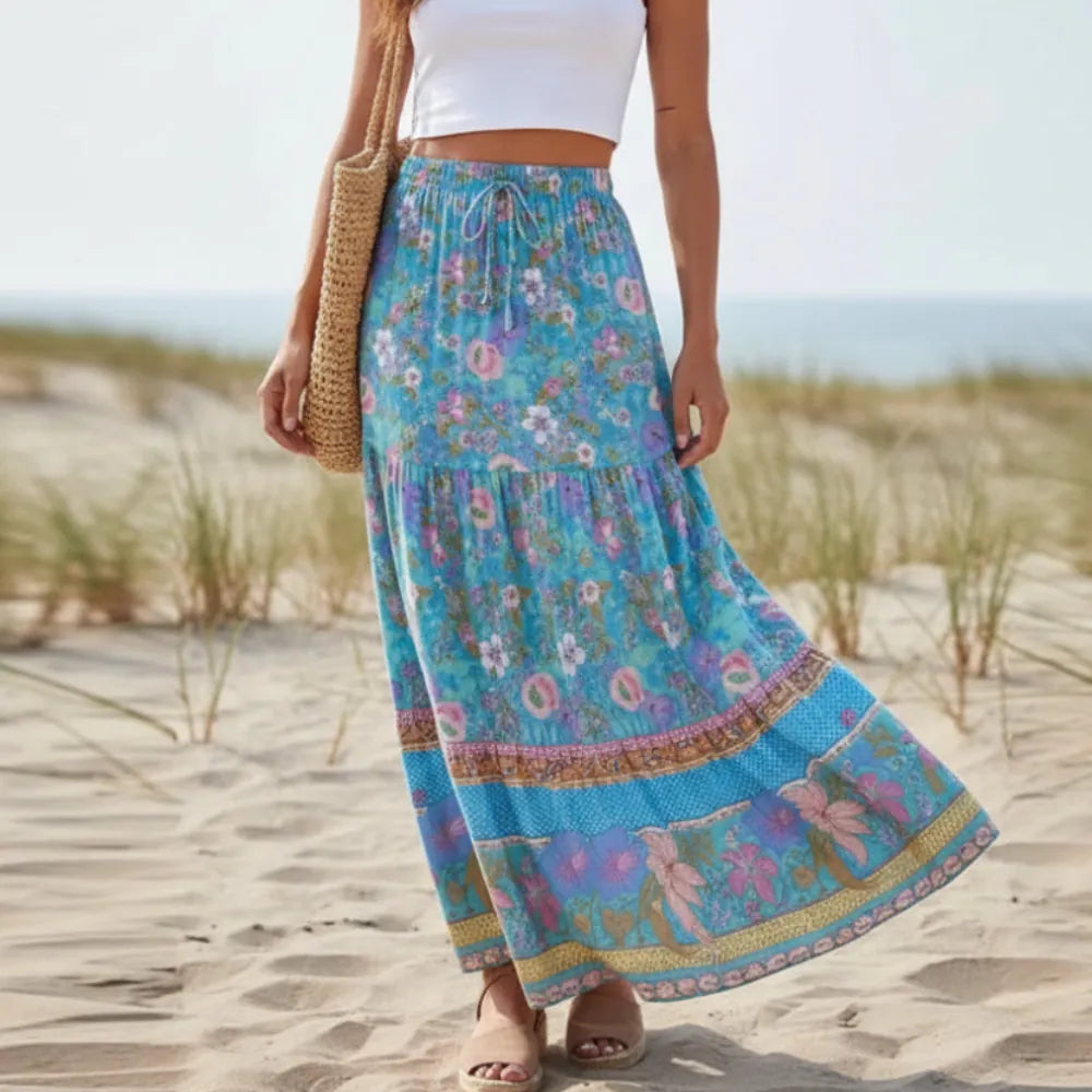 Falda maxi para mujer de algodón con volantes y cintura alta — playa