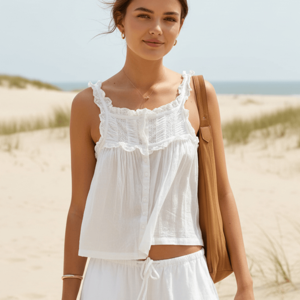 Crop top para mujer en mezcla de algodón con encaje y volantes — festivales