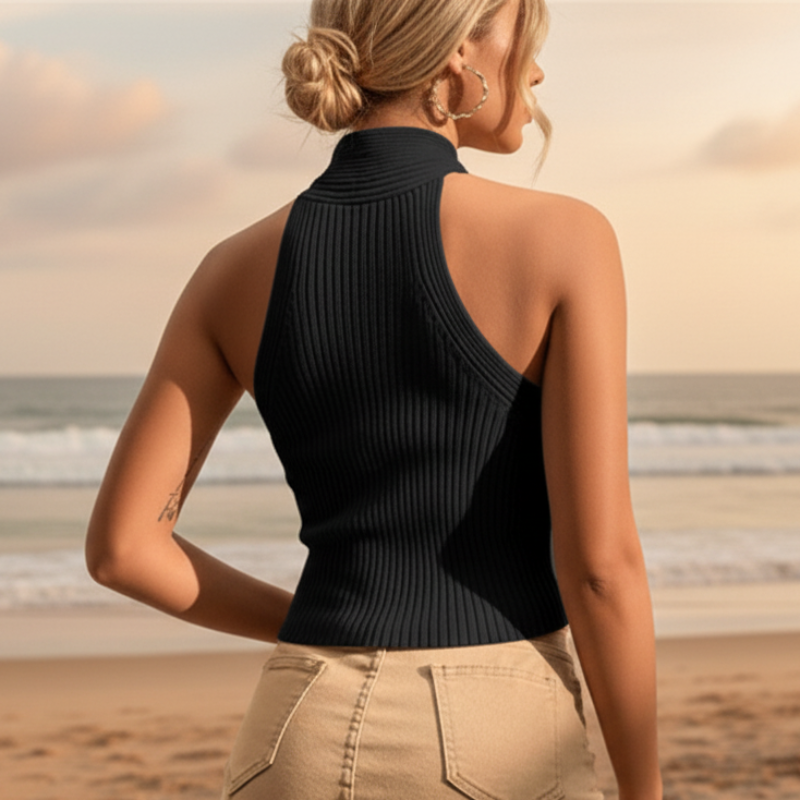 Top corto halter cruzado para mujer en punto de canalé — playa
