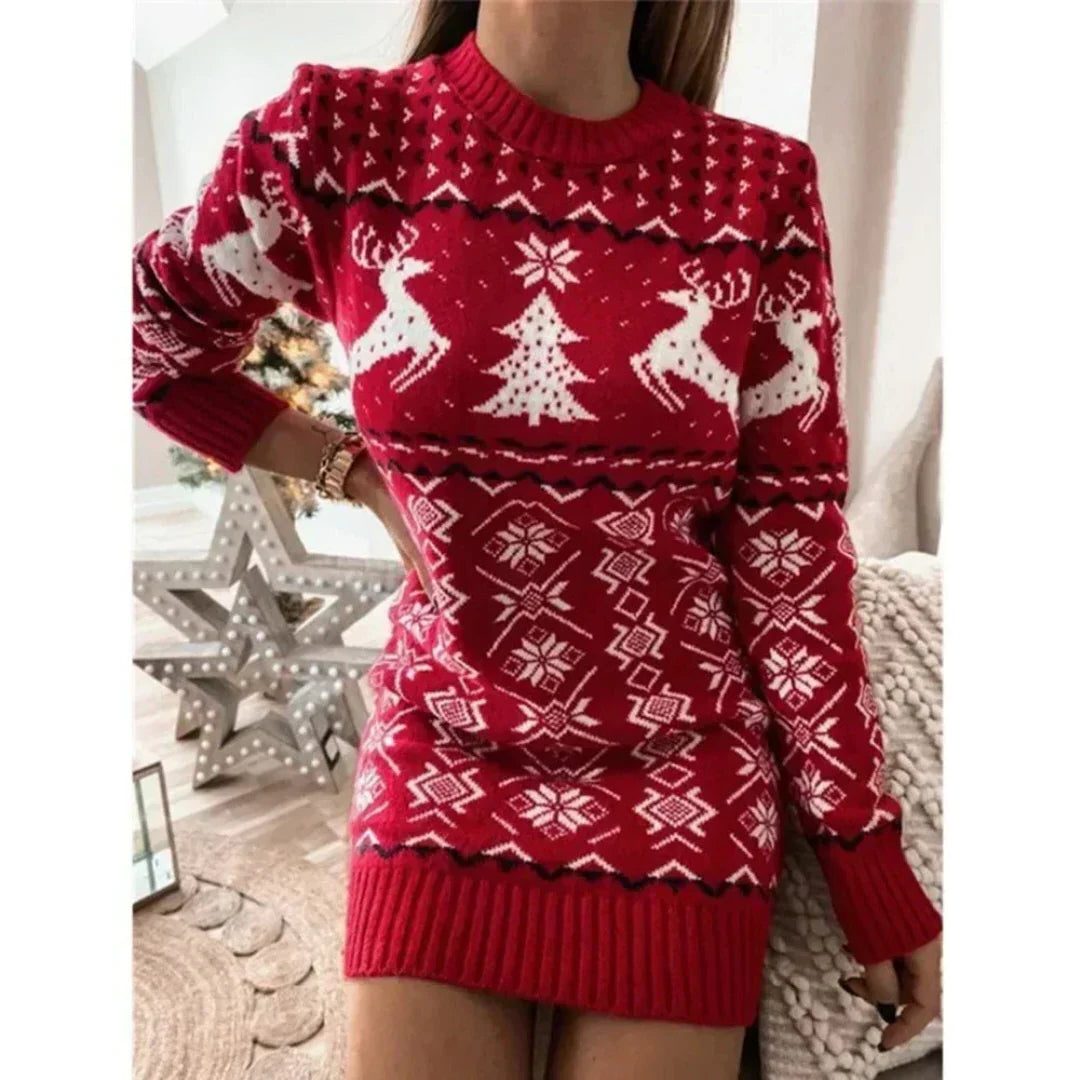 Robe en maille pour femme, longueur genou, col rond et manches longues