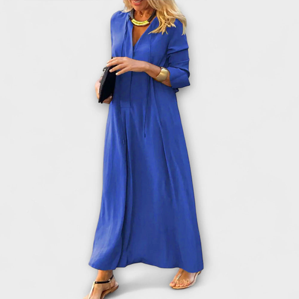 Vestido Largo de Algodón con Cuello en V y Ajuste Holgado para Mujer