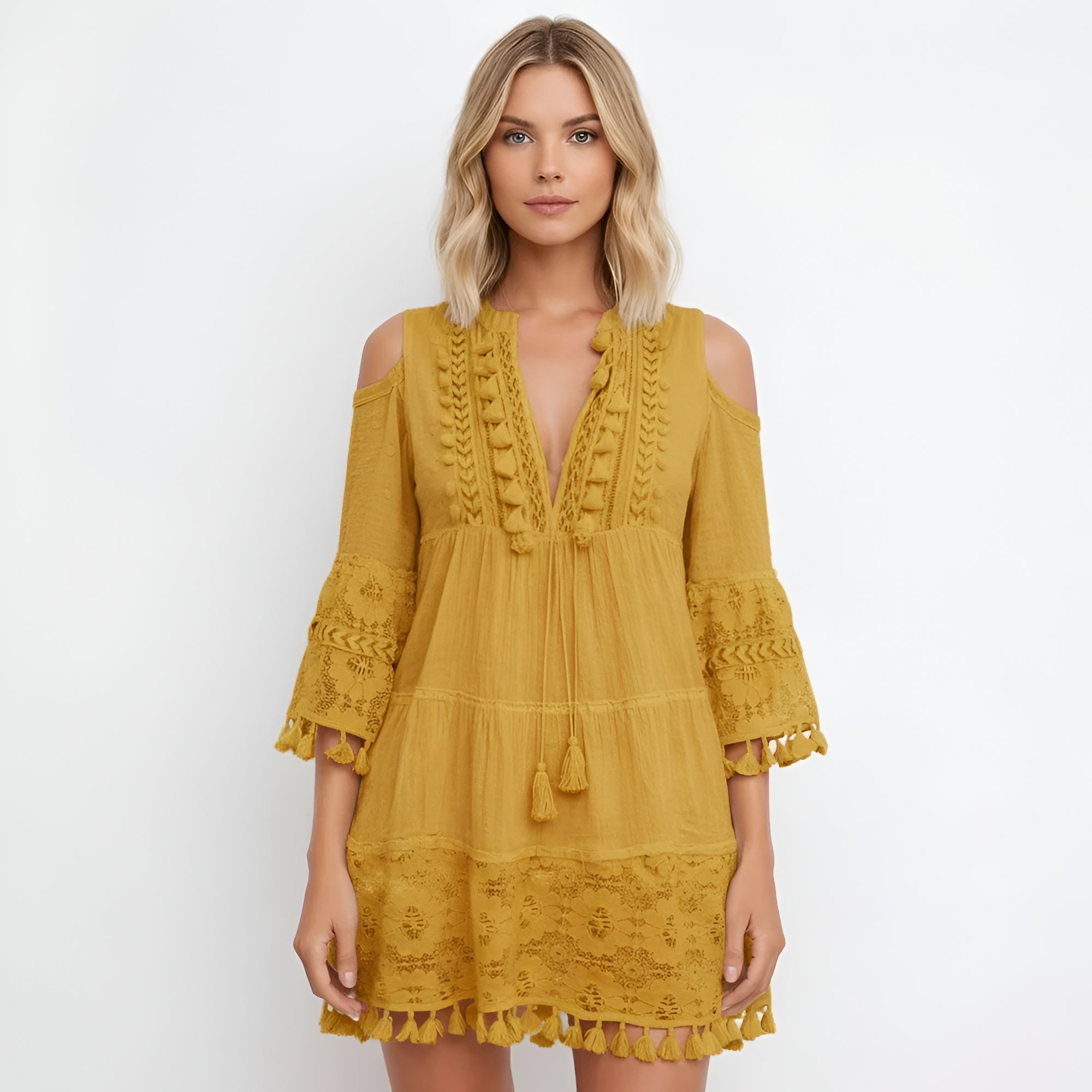Vestido Corto Boho de Mujer con Bordado de Algodón y Detalles de Borlas