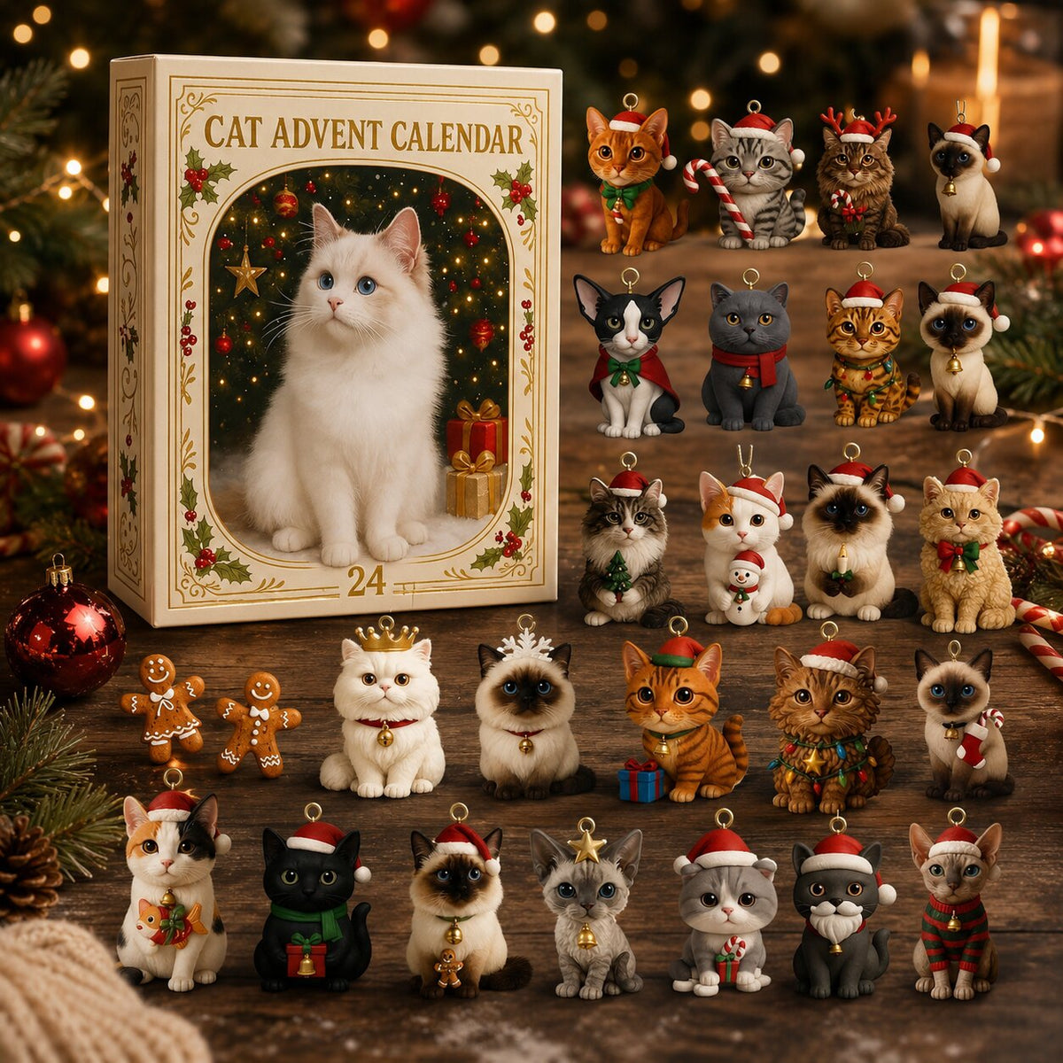 Adventní kalendář pro kočky s 24 dekorativními vánočními ozdobami s koťátky