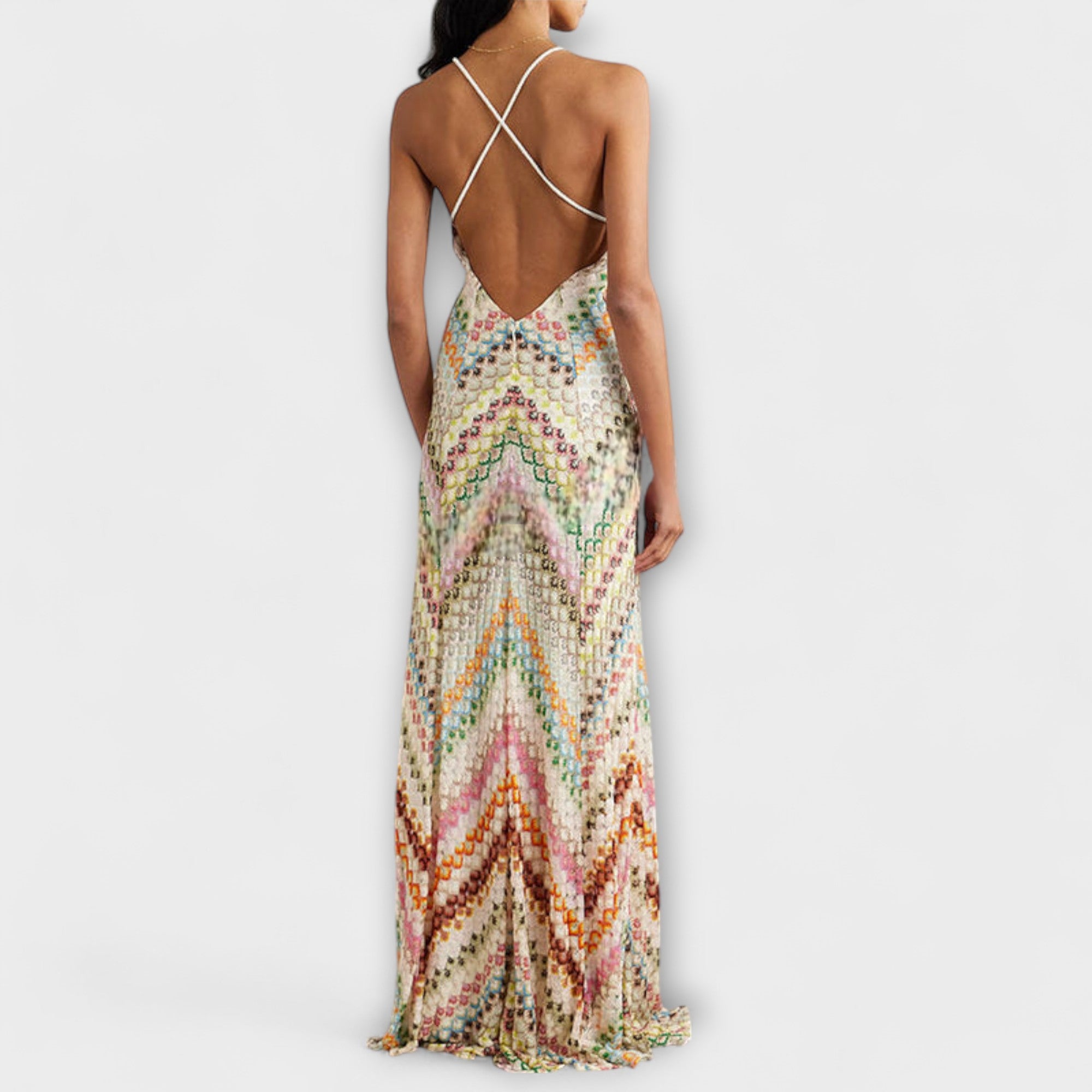 Vestido Largo de Punto con Estampado de Zigzag y Escote en V Profundo