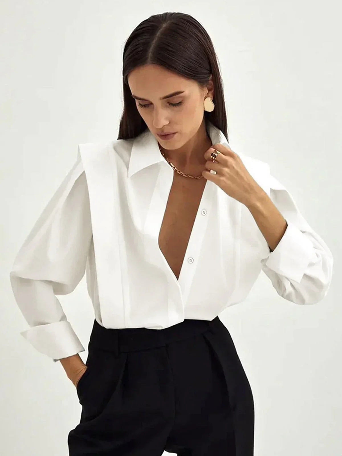 Blusa de Manga Larga para Mujer con Cuello de Solapa y Puños Ajustables