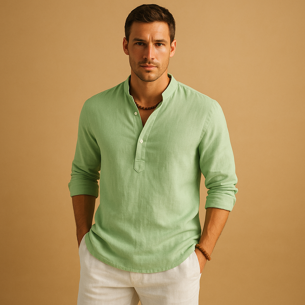 Linen Shirt with Mao Collar and Long Sleeves