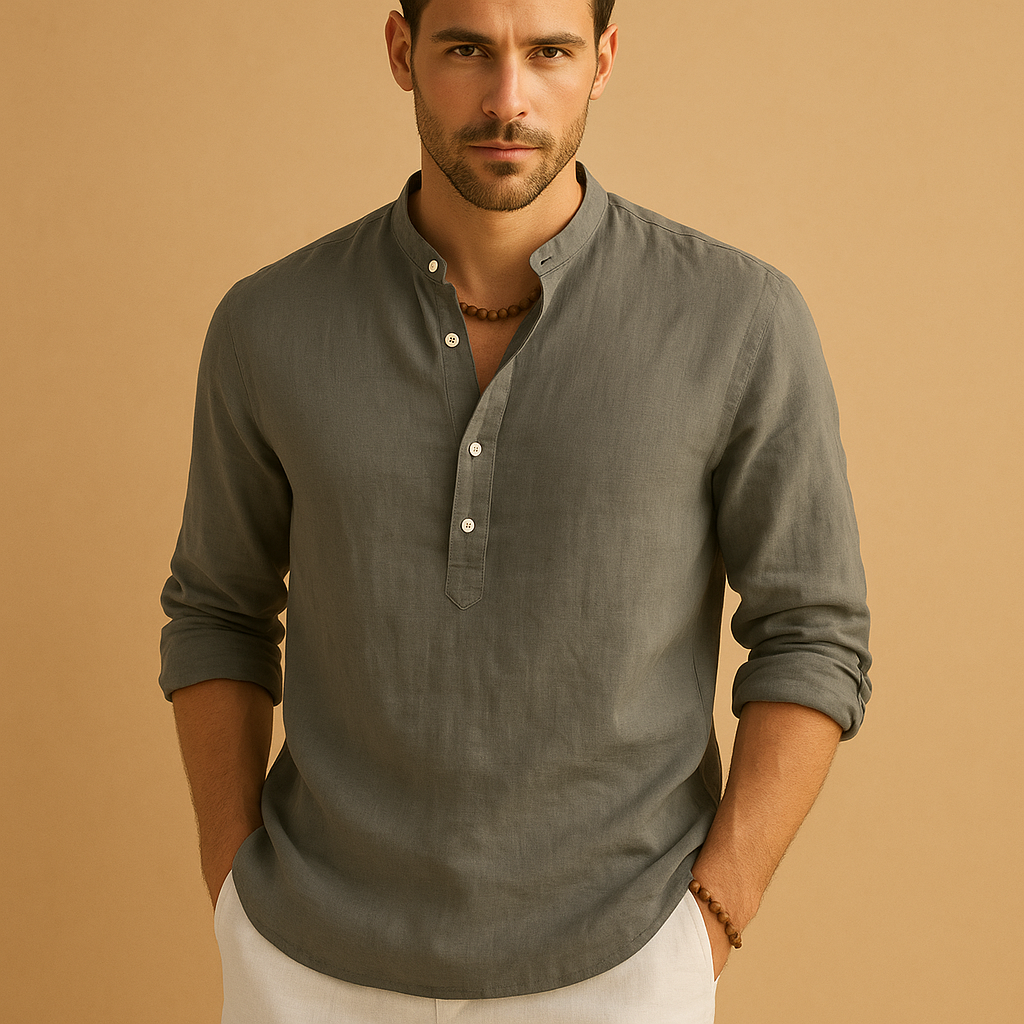 Linen Shirt with Mao Collar and Long Sleeves