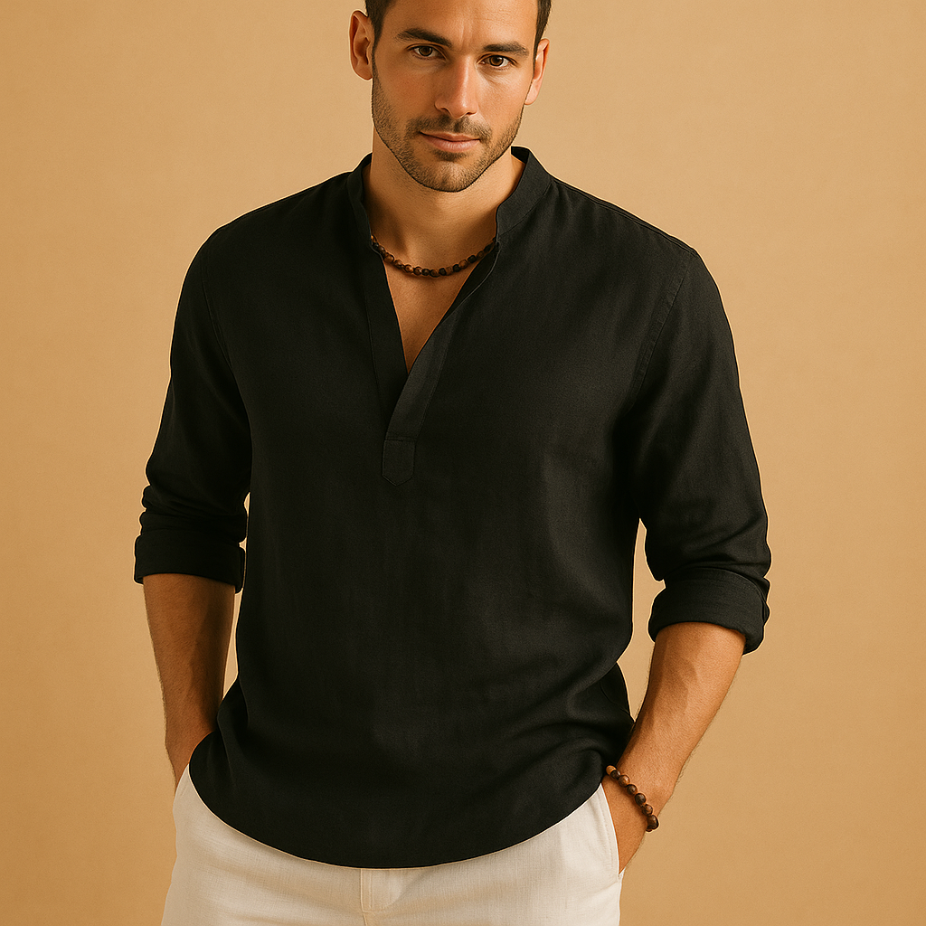 Camisa de Lino con Cuello Mao y Manga Larga