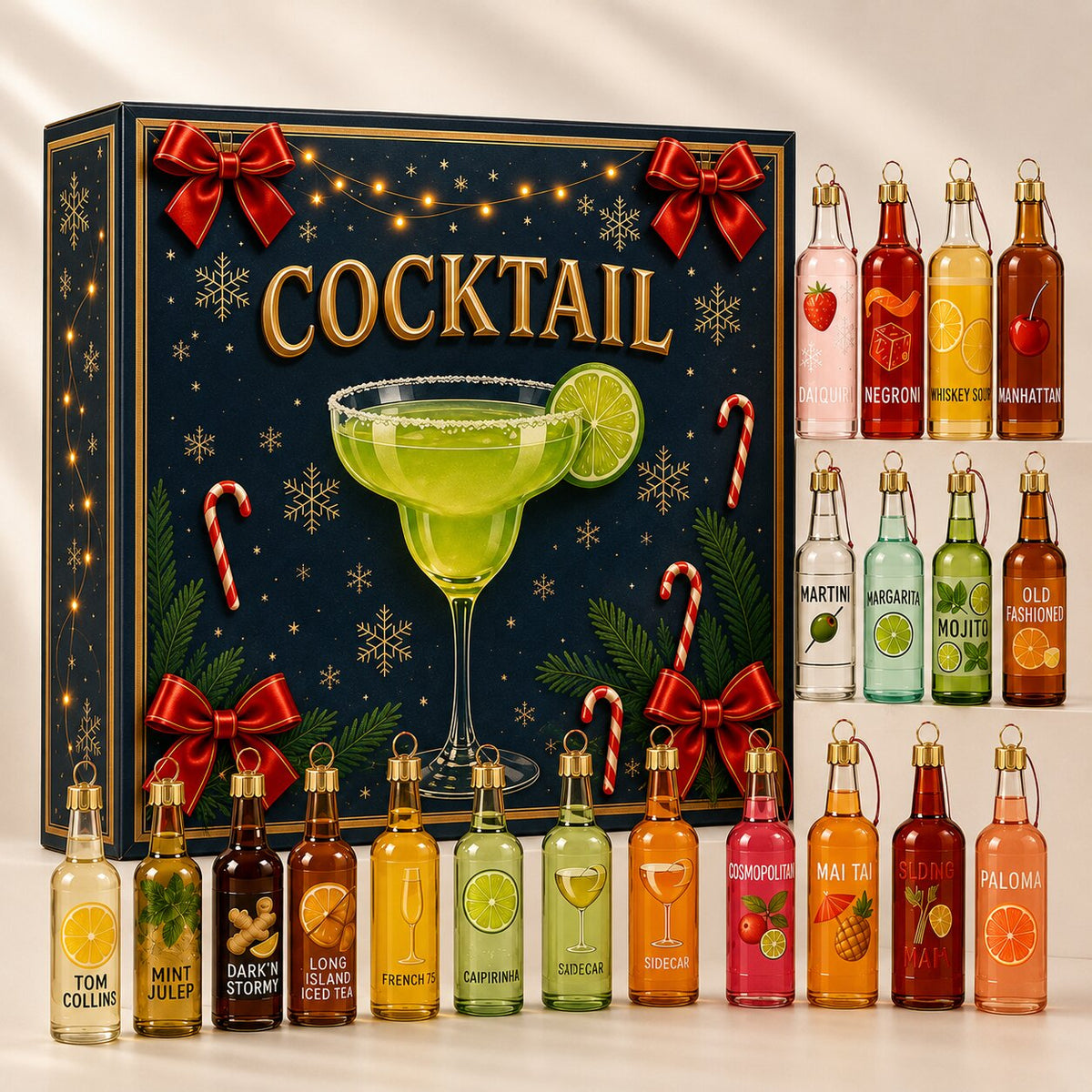 Calendario de Adviento con 24 Adornos Decorativos de Botellas de Cóctel