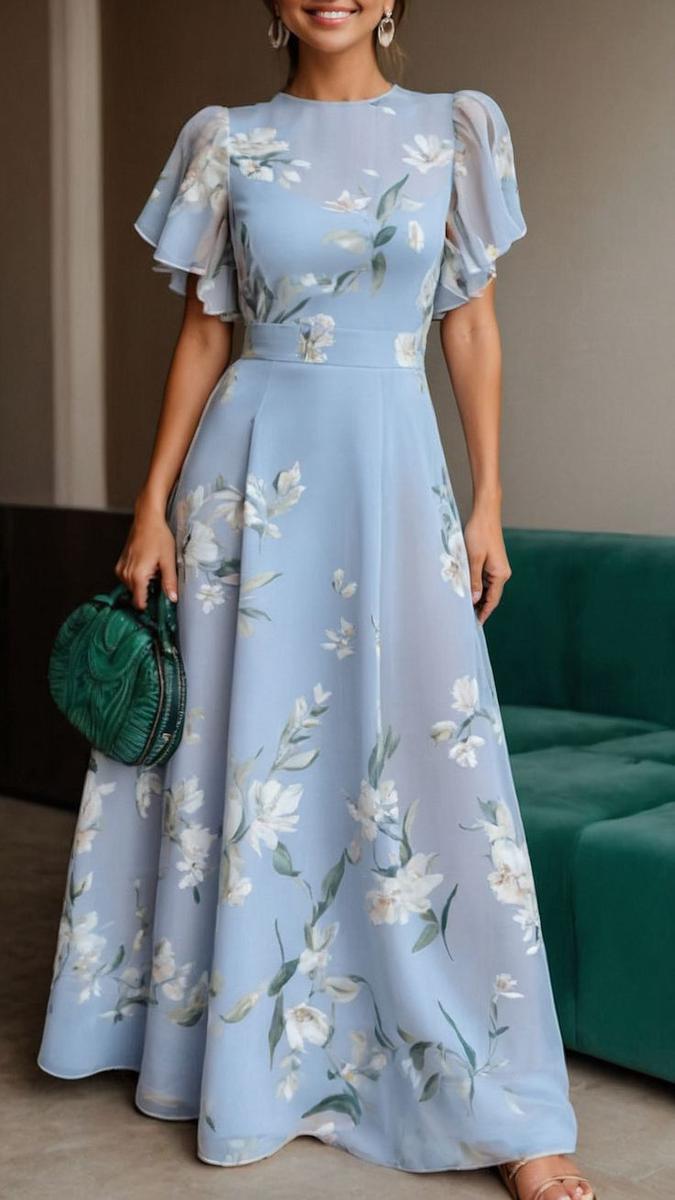 Vestido Largo de Fiesta para Invitada de Boda con Flores y Mangas de Volantes