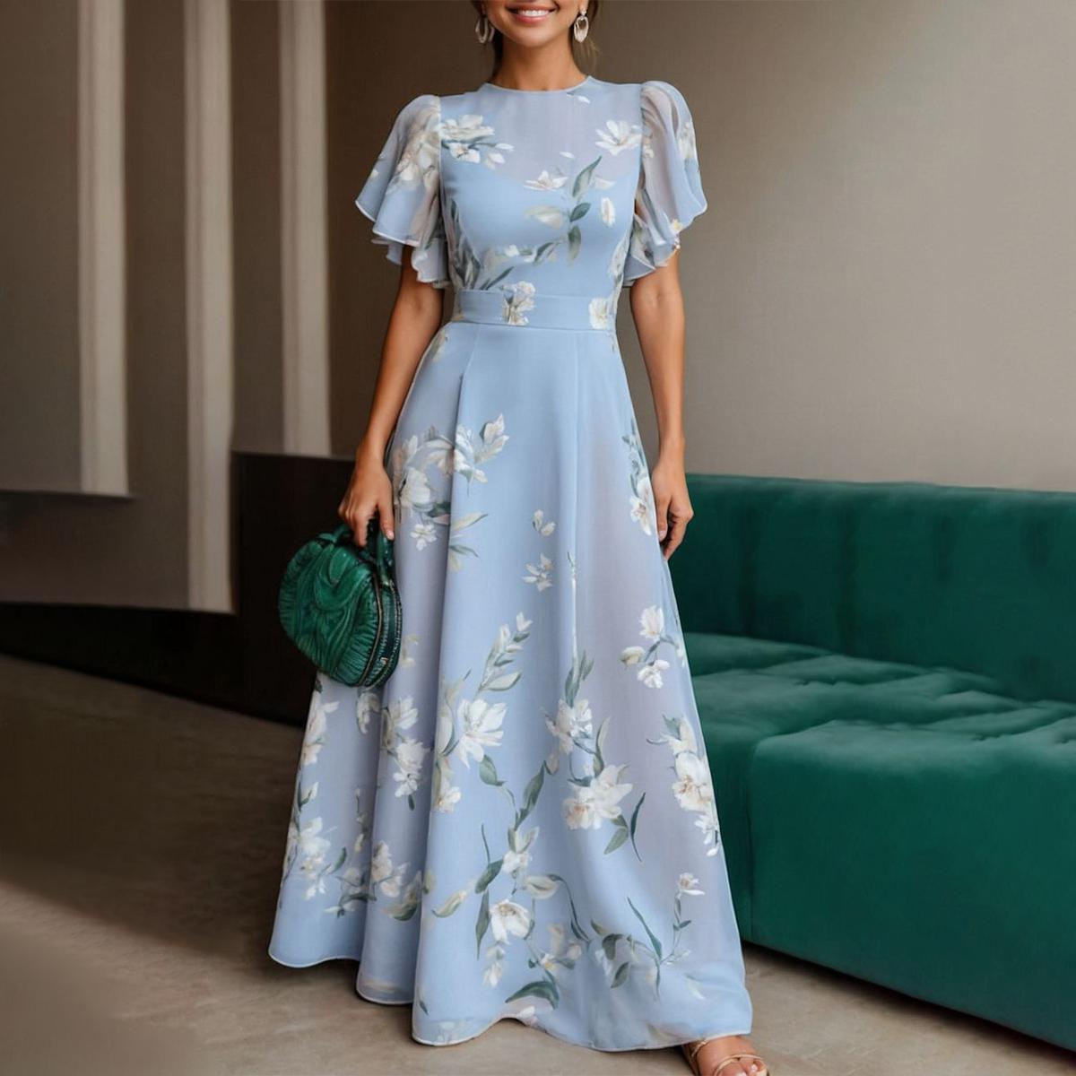 Vestido Largo de Fiesta para Invitada de Boda con Flores y Mangas de Volantes
