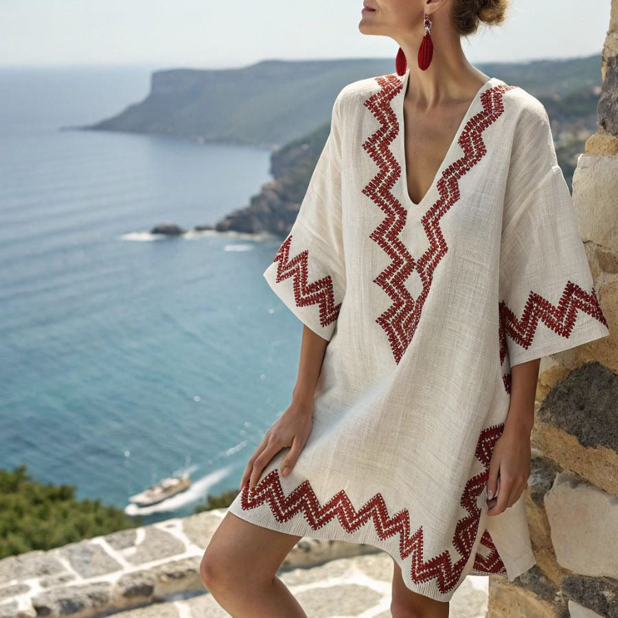 Túnica kimono de estilo bohemio con rayas y cuello en V— playa