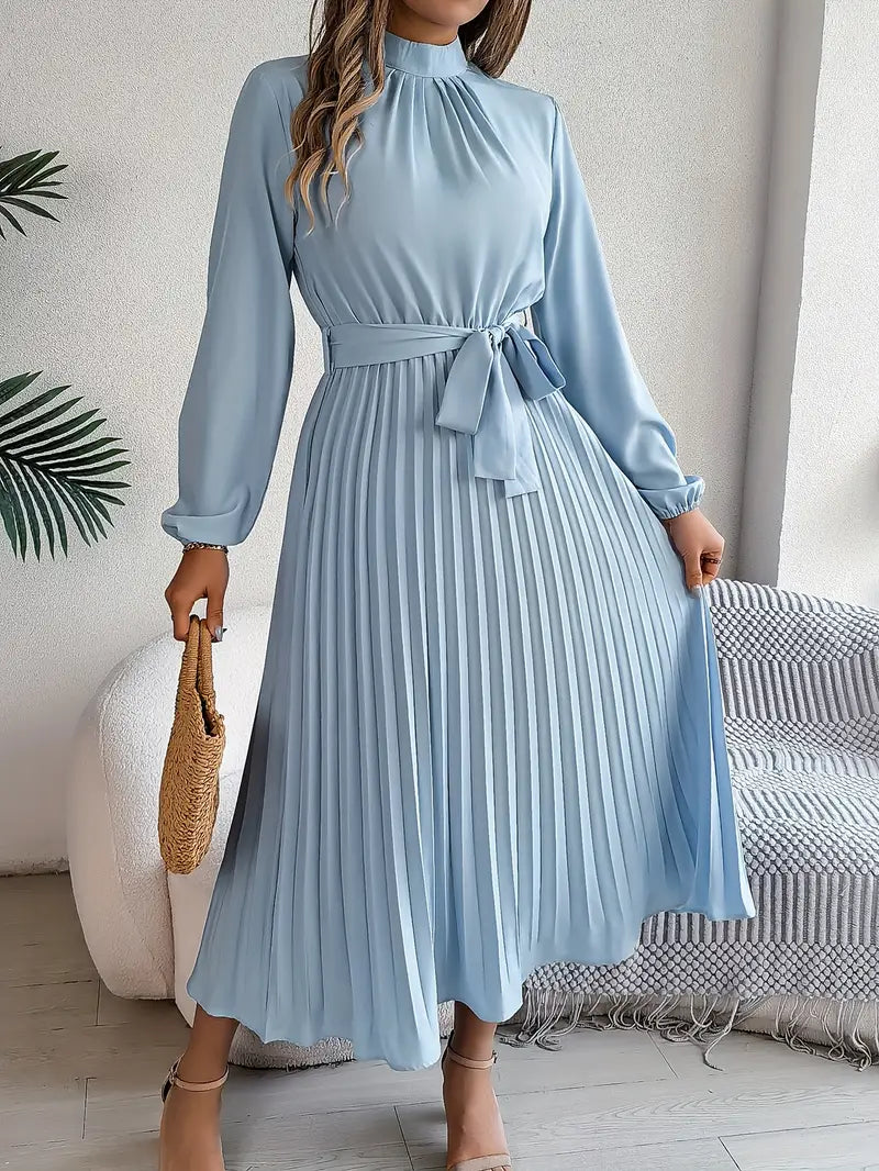 Vestido Largo Plisado de Manga Larga con Cuello Alto y Cinturón para Mujer