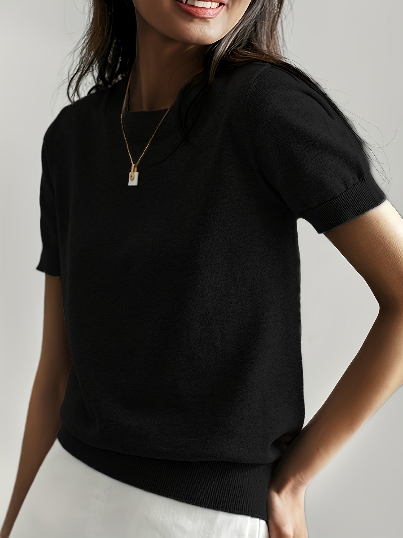 Camiseta de Punto para Mujer de Manga Corta Cuello Redondo Ajuste Entallado