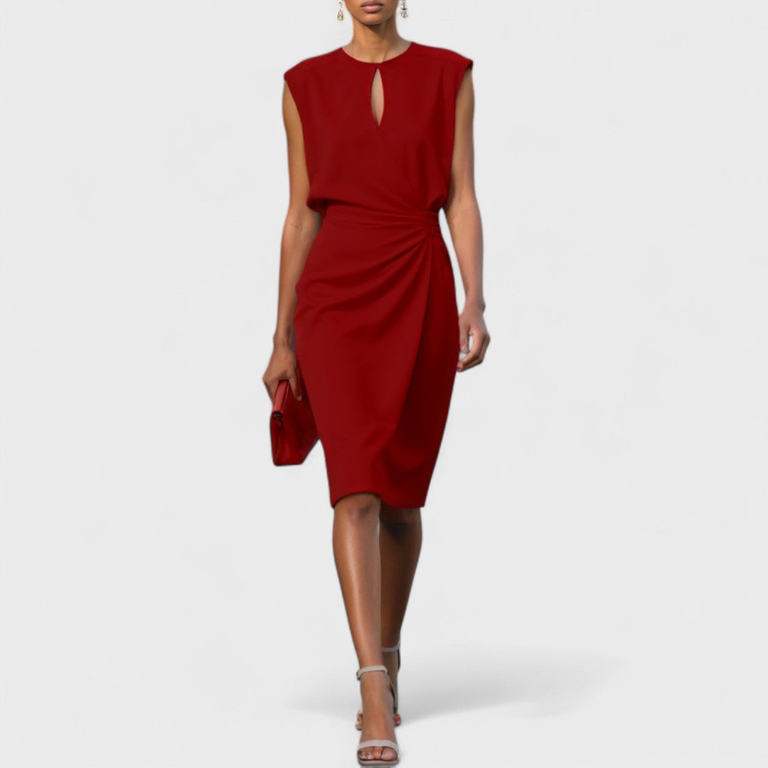 Vestido Midi Cruzado con Pliegues Laterales y Cuello Redondo para Mujer
