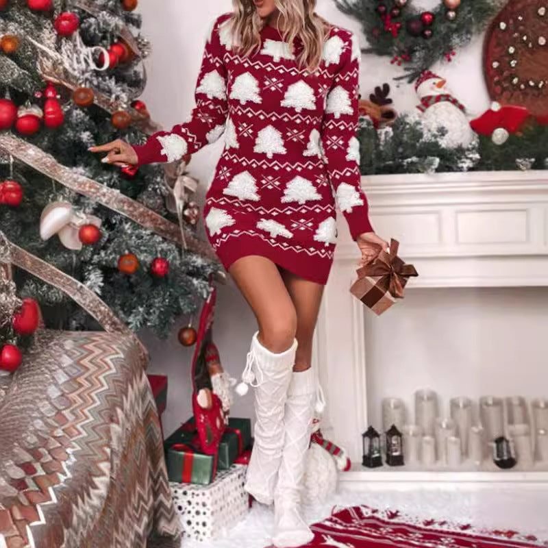 Vestido Navideño de Punto para Mujer con Estampado de Árboles y Manga Larga