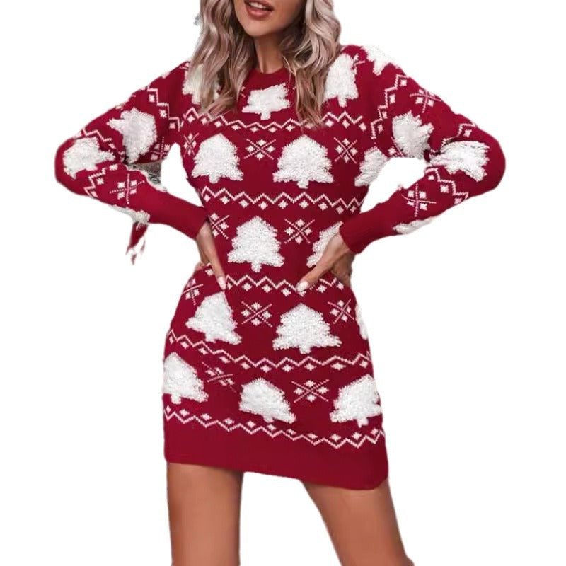Vestido Navideño de Punto para Mujer con Estampado de Árboles y Manga Larga