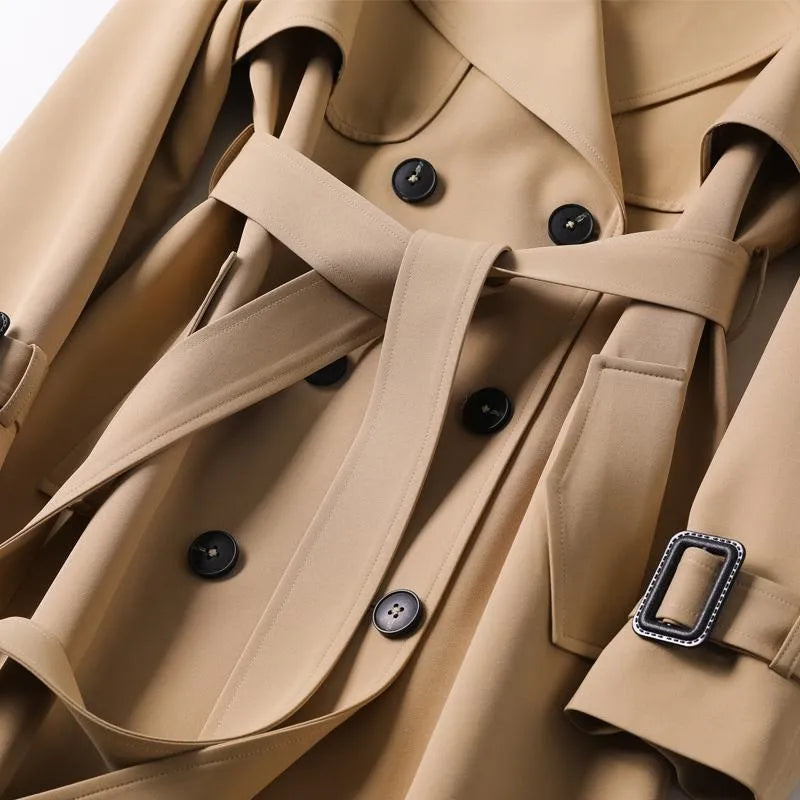 Long trench coat with belt and double-breasted design for women