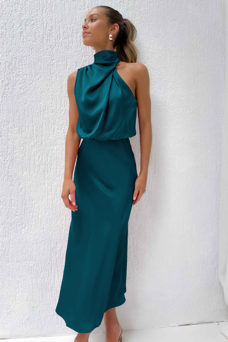 Vestido de Noche de Satén Largo sin Mangas con Cuello Alto para Mujer