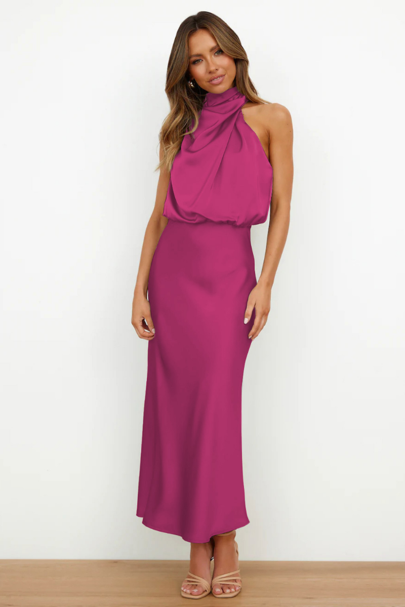 Vestido de Noche de Satén Largo sin Mangas con Cuello Alto para Mujer