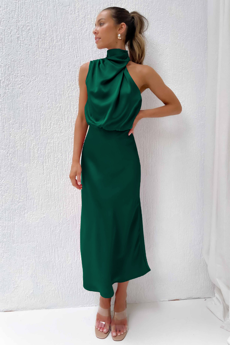 Vestido de Noche de Satén Largo sin Mangas con Cuello Alto para Mujer