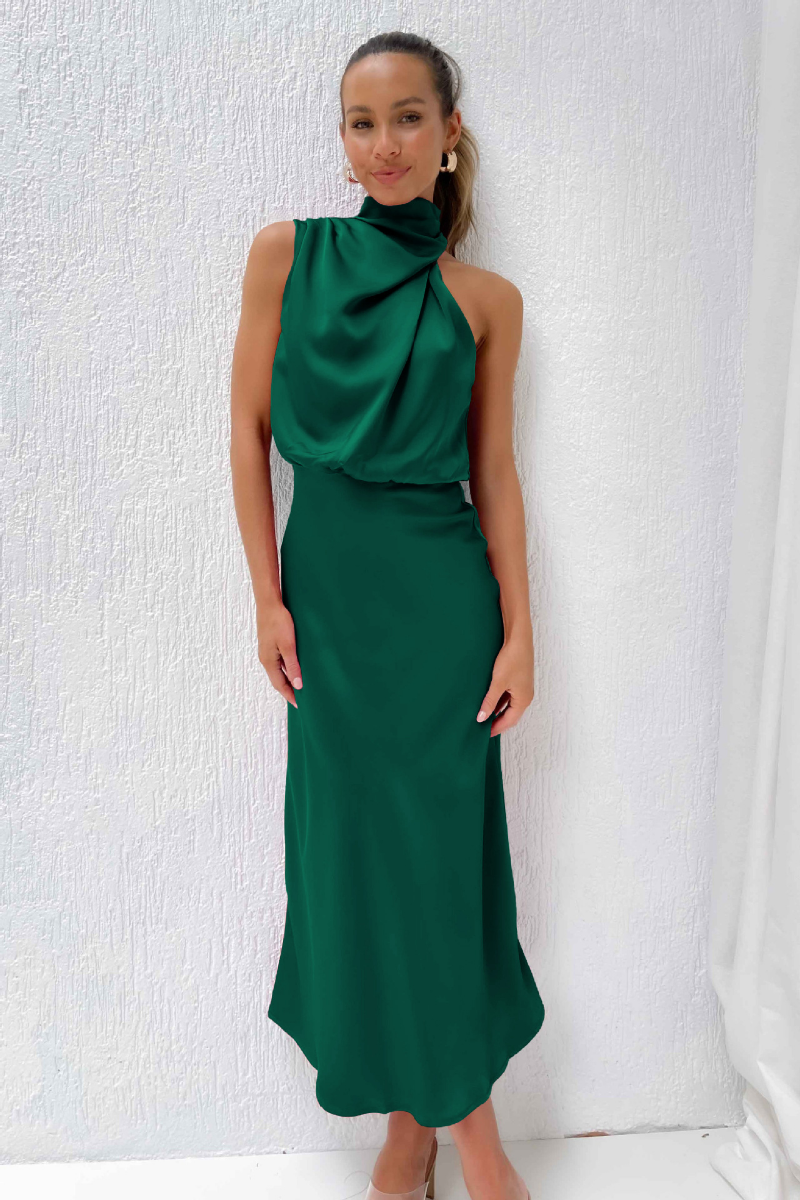 Vestido de Noche de Satén Largo sin Mangas con Cuello Alto para Mujer