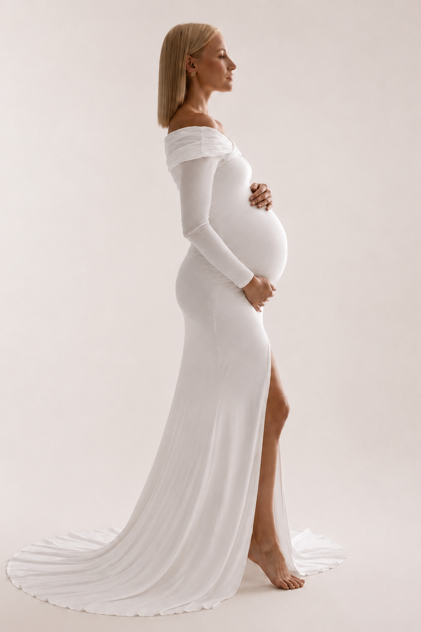 Vestido maternidad largo algodón hombros descubiertos
