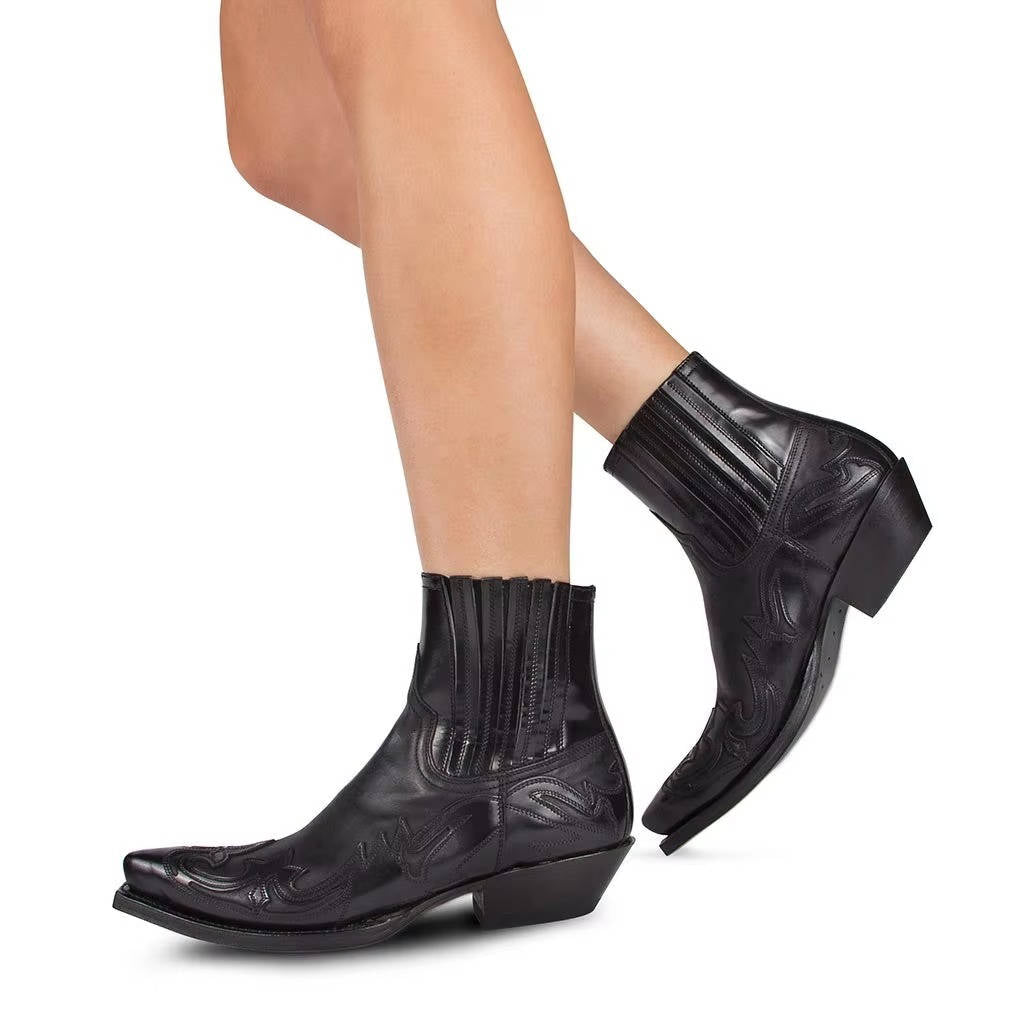 Botas Vaqueras de Mujer Botines Estilo Cowboy con Bordado y Punta Fina de Cuero PU