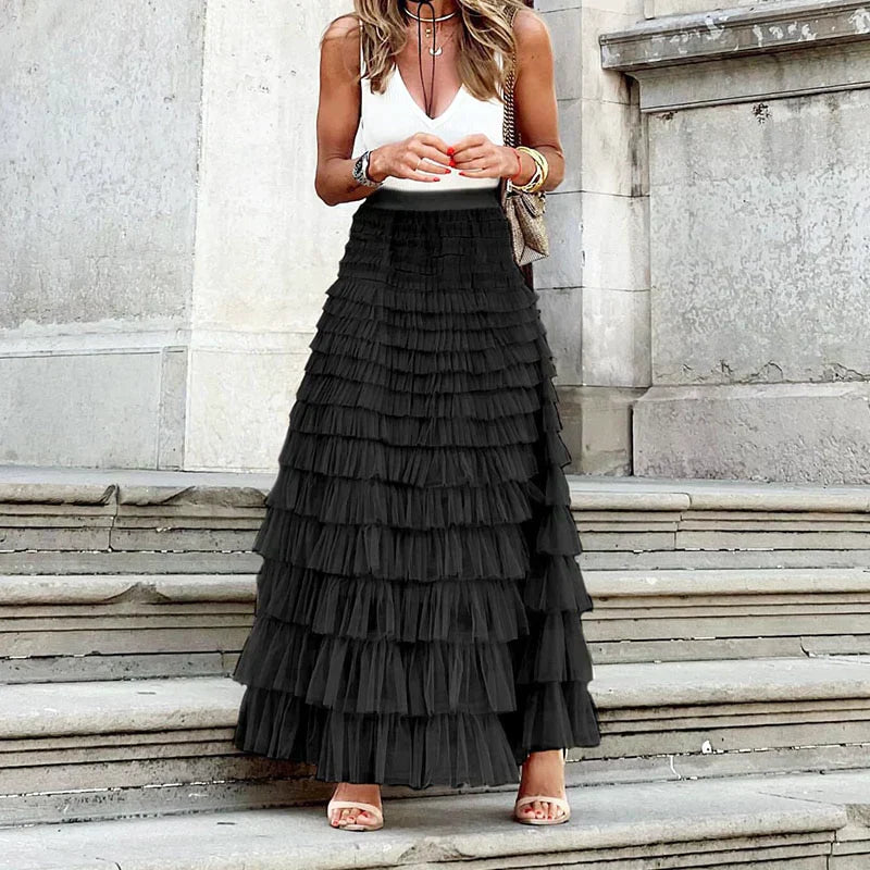 Falda maxi para mujer con capas de tul y cintura alta — boda