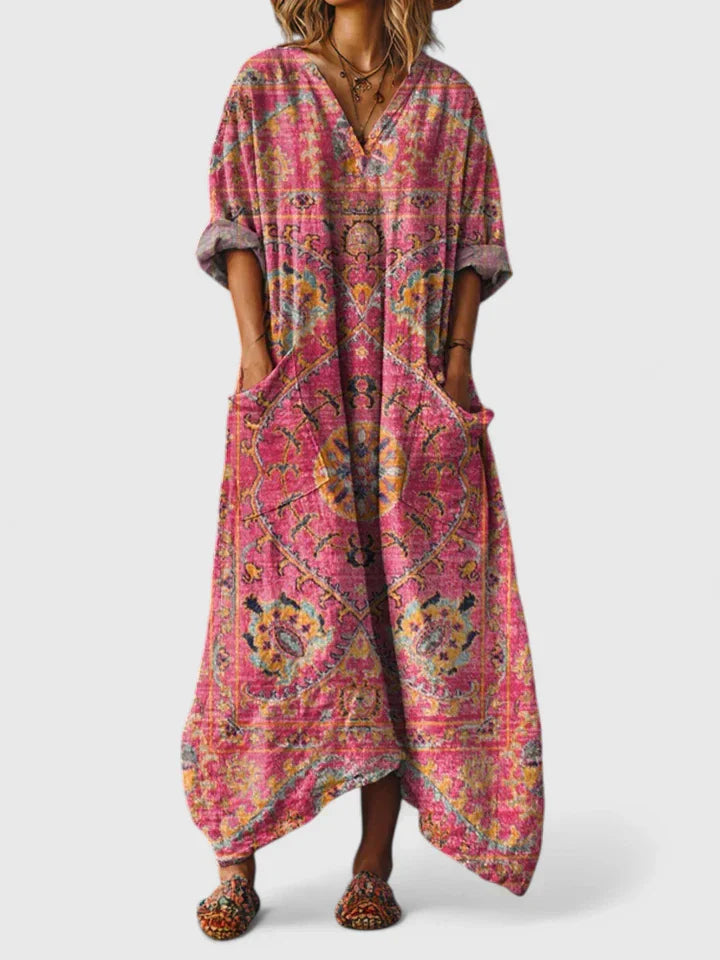 Vestido Largo para Mujer con Cuello en V y Estampado de Flores Estilo Vintage
