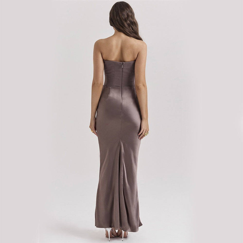 Vestido Largo de Fiesta para Mujer con Escote Palabra de Honor y Detalle Fruncido