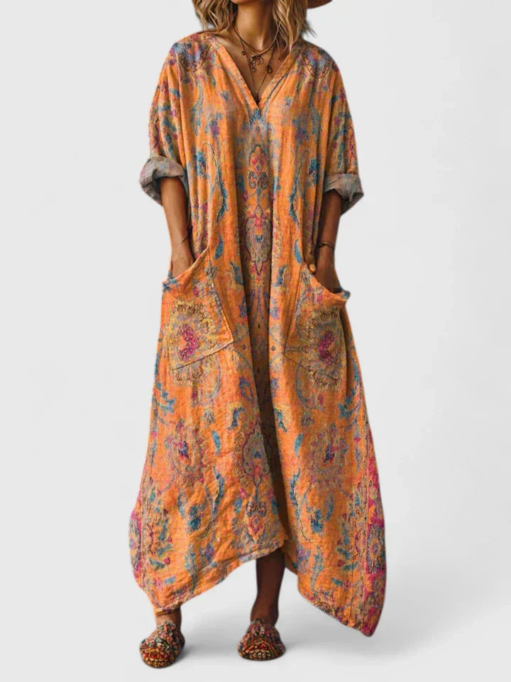 Vestido Largo para Mujer con Cuello en V y Estampado de Flores Estilo Vintage