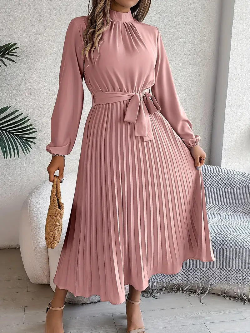 Vestido Largo Plisado de Manga Larga con Cuello Alto y Cinturón para Mujer