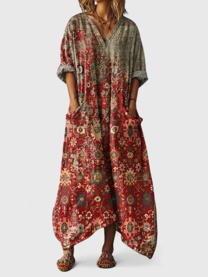 Vestido Largo para Mujer con Cuello en V y Estampado de Flores Estilo Vintage