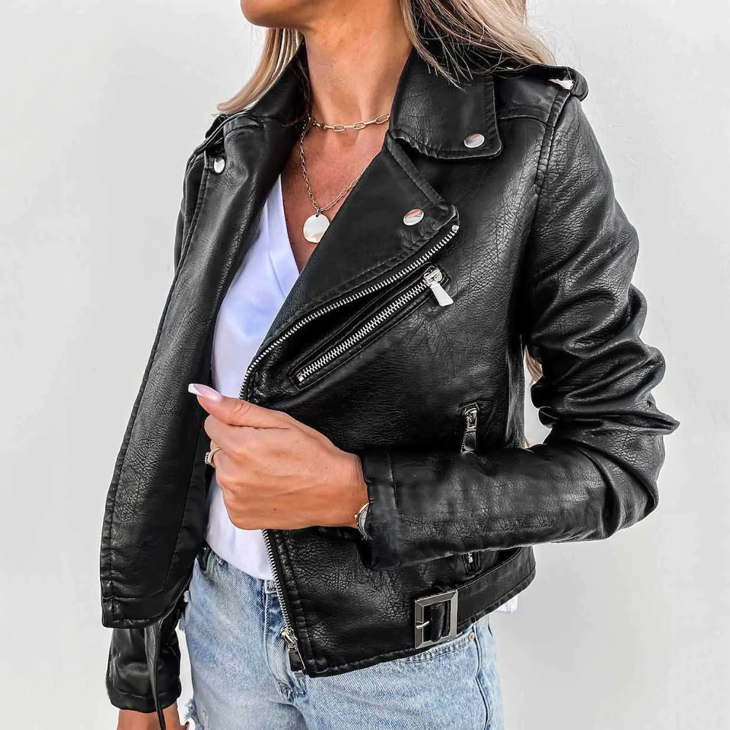 Chaqueta de Cuero para Mujer con Cuello Alto y Cinturón Ajustable
