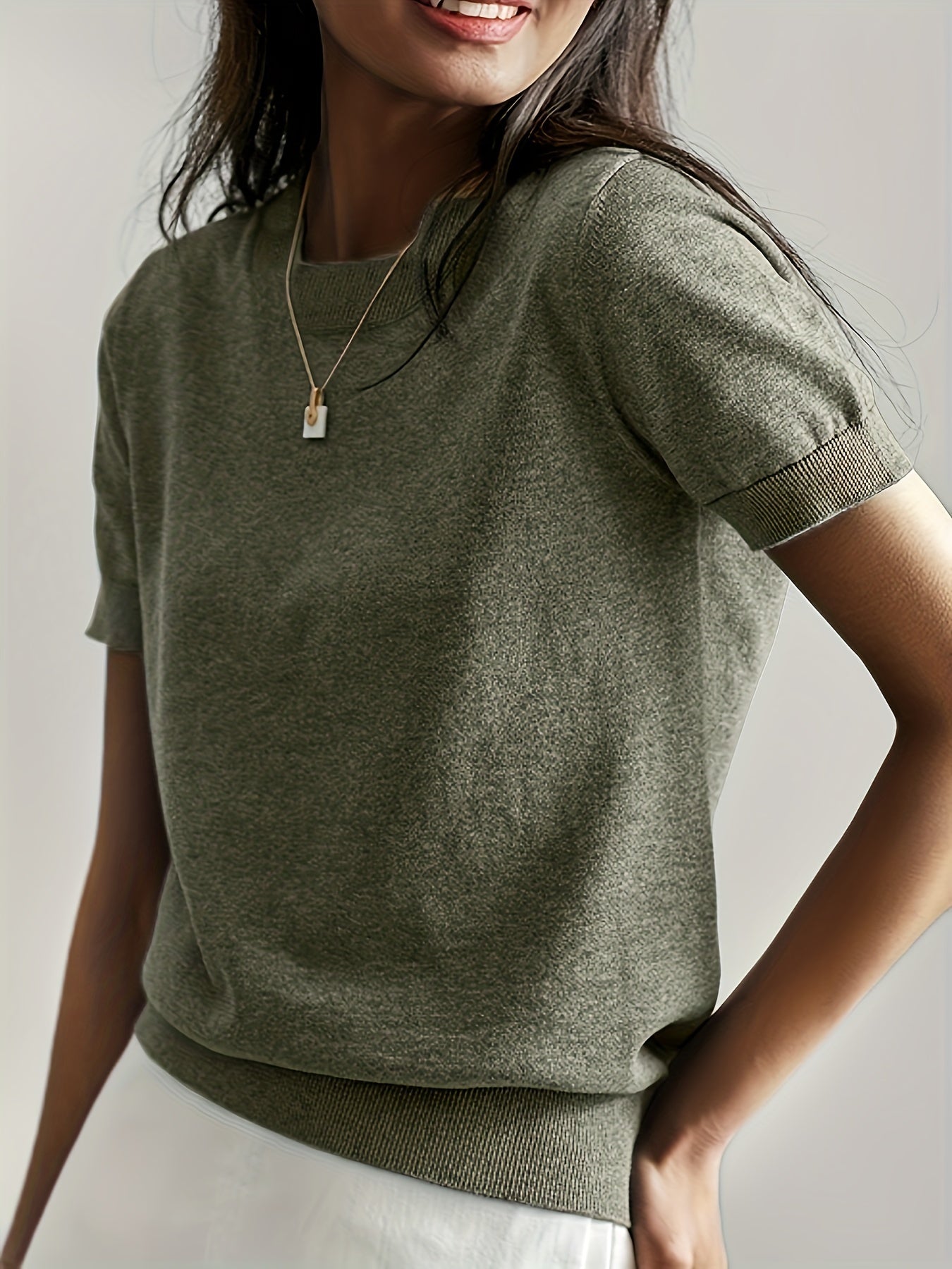 Camiseta de Punto para Mujer de Manga Corta Cuello Redondo Ajuste Entallado