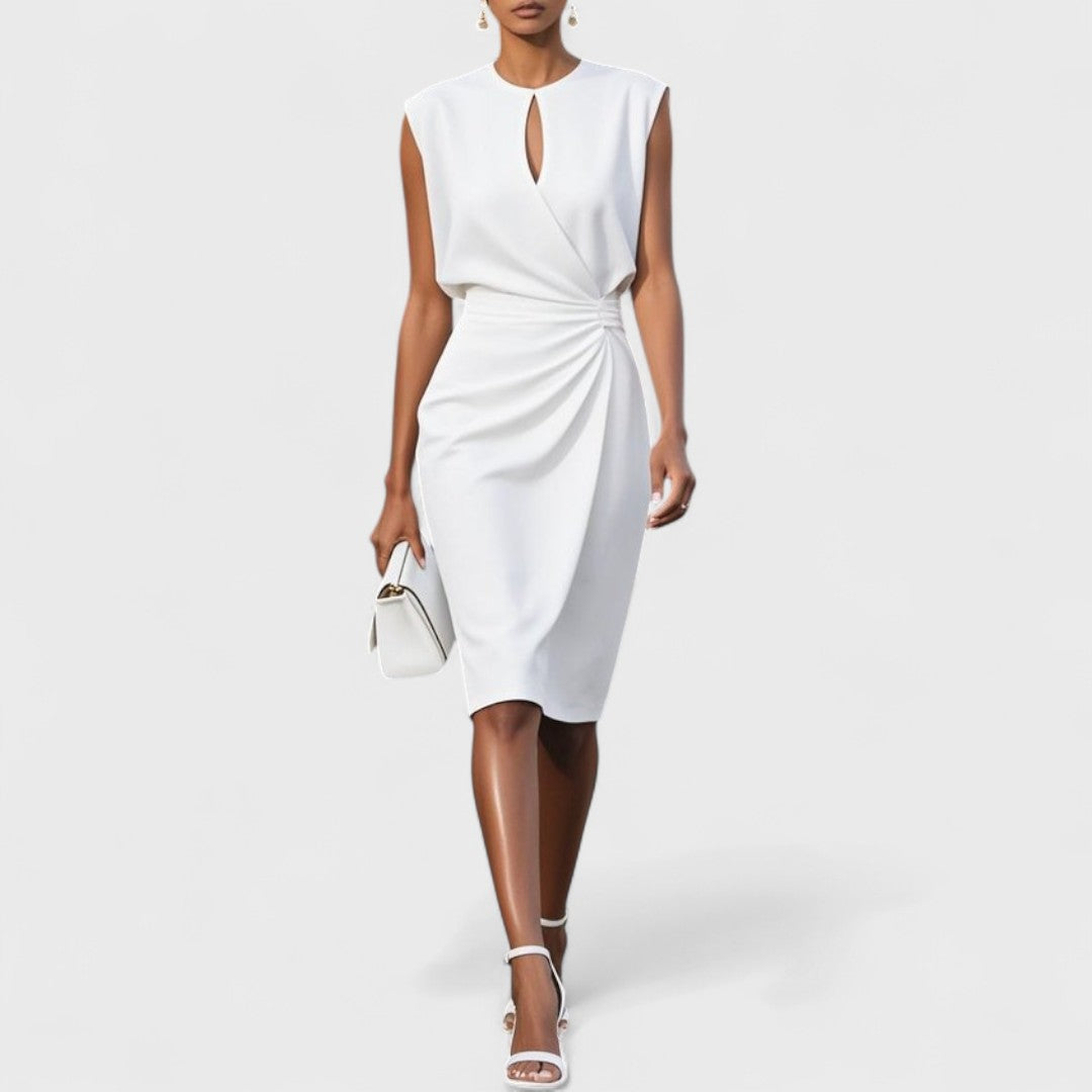 Vestido Midi Cruzado con Pliegues Laterales y Cuello Redondo para Mujer