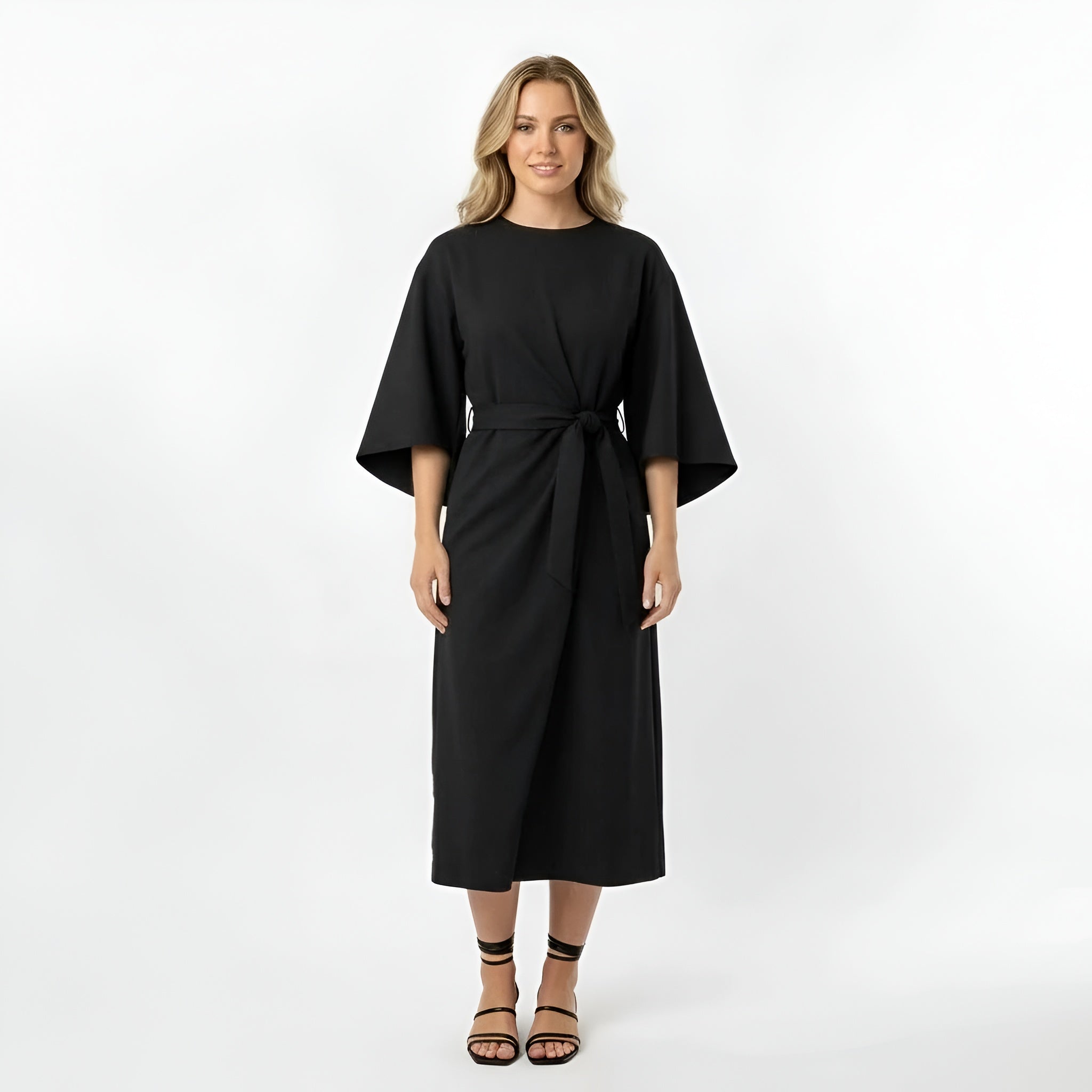 Vestido Midi de Poliéster con Cinturón y Mangas 3/4 de Diseño Cruzado