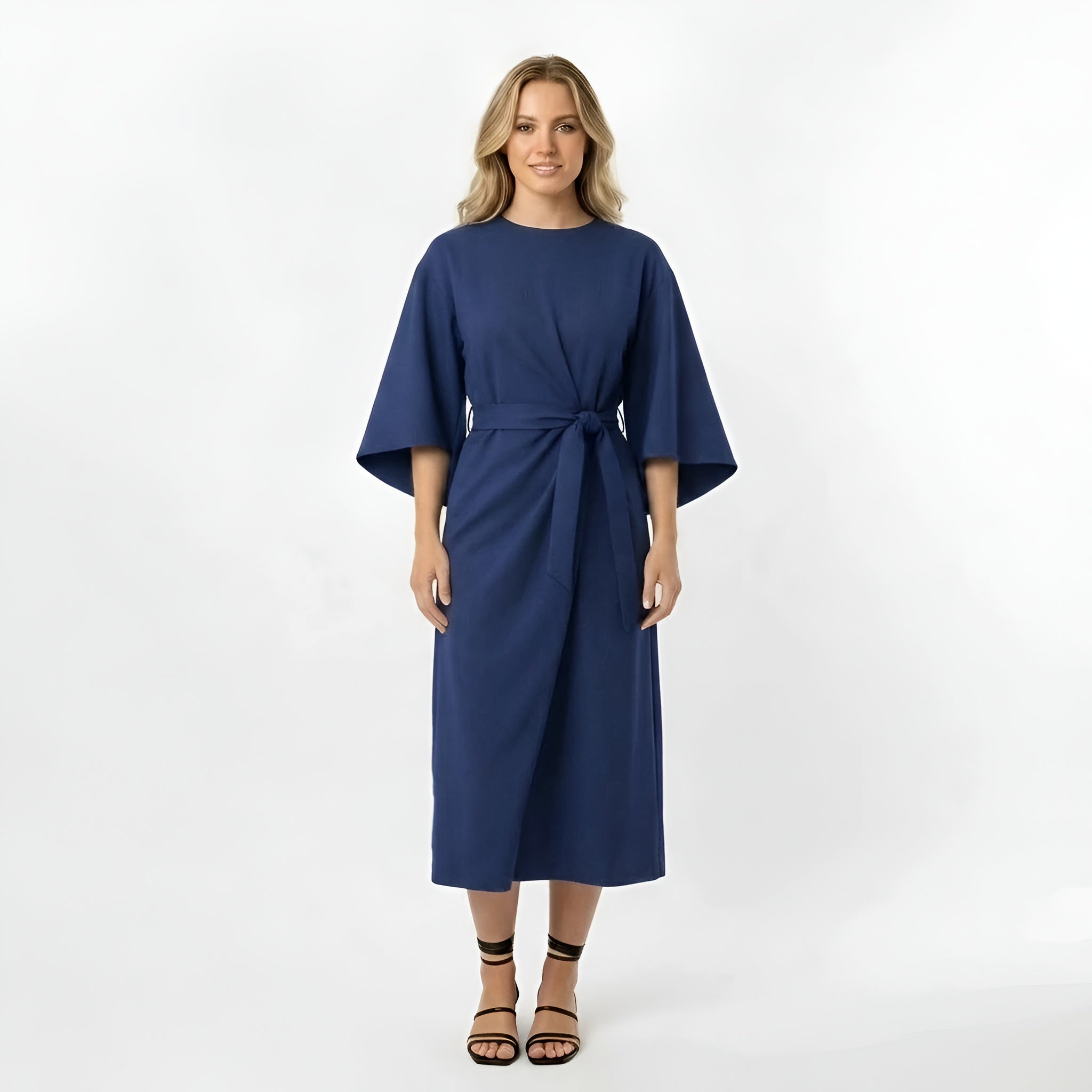 Vestido Midi de Poliéster con Cinturón y Mangas 3/4 de Diseño Cruzado
