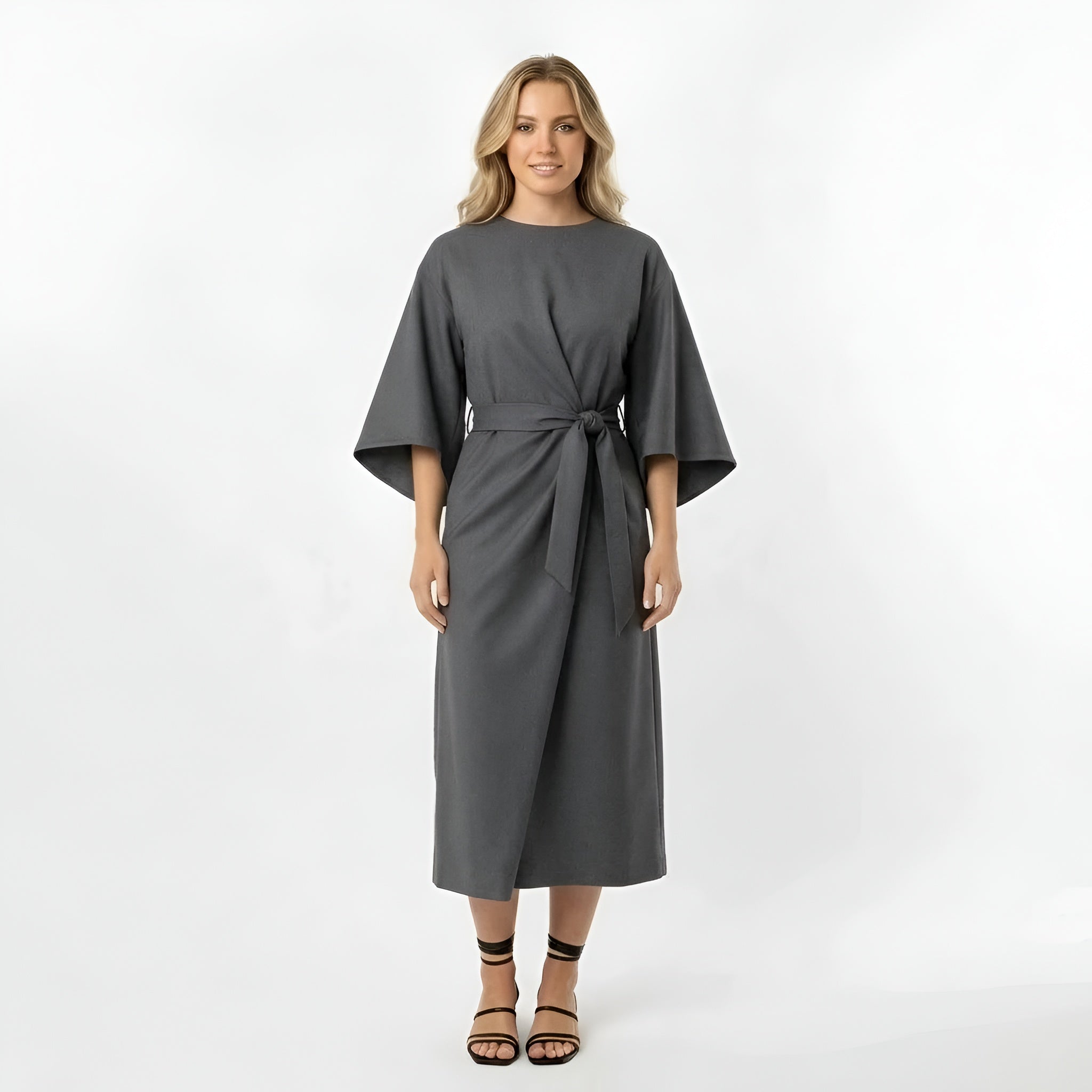 Vestido Midi de Poliéster con Cinturón y Mangas 3/4 de Diseño Cruzado