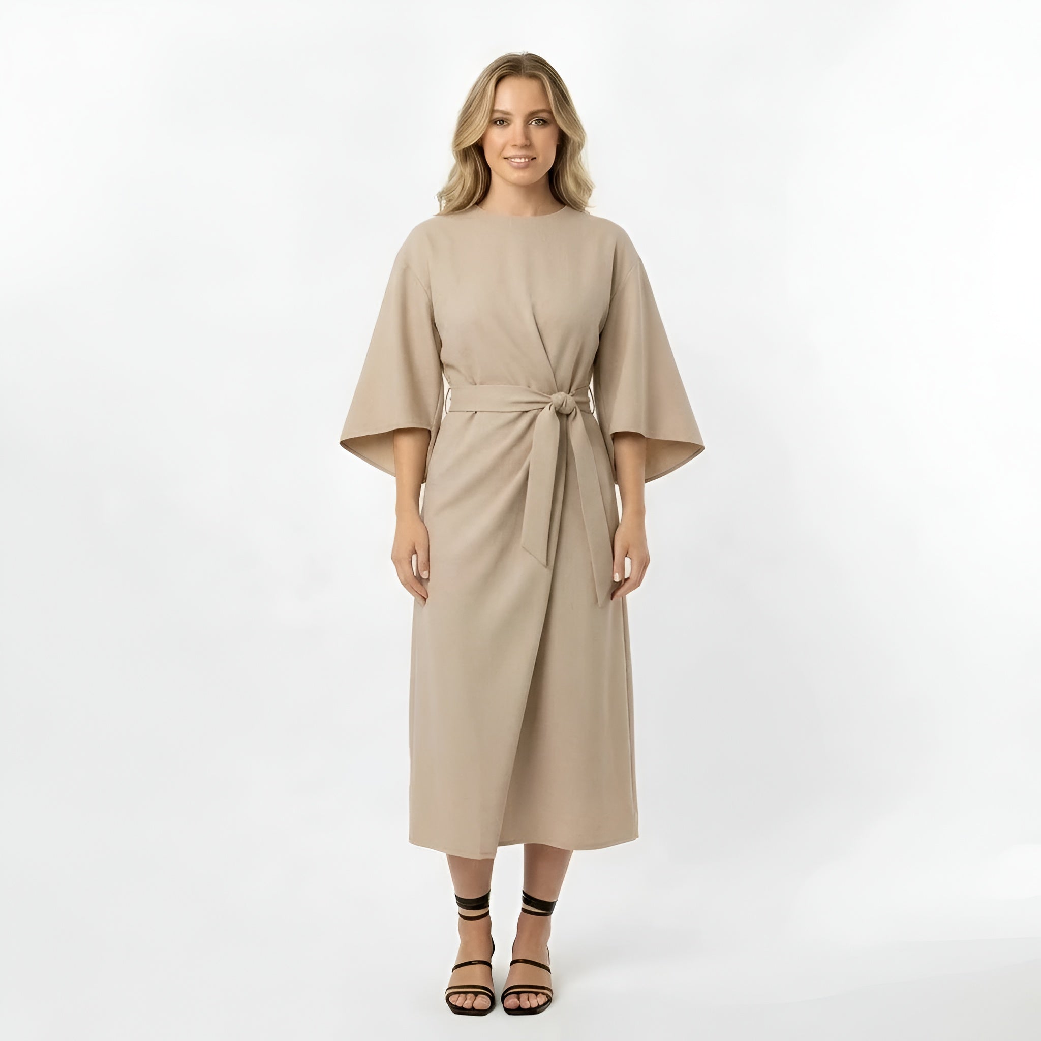 Vestido Midi de Poliéster con Cinturón y Mangas 3/4 de Diseño Cruzado