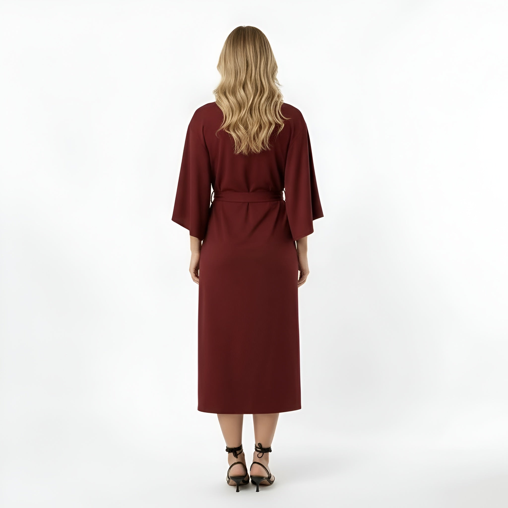 Vestido Midi de Poliéster con Cinturón y Mangas 3/4 de Diseño Cruzado