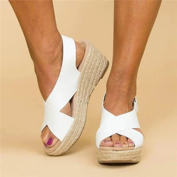 Sandalias de Cuero con Cuña Tipo Alpargata y Tiras Cruzadas para Mujer